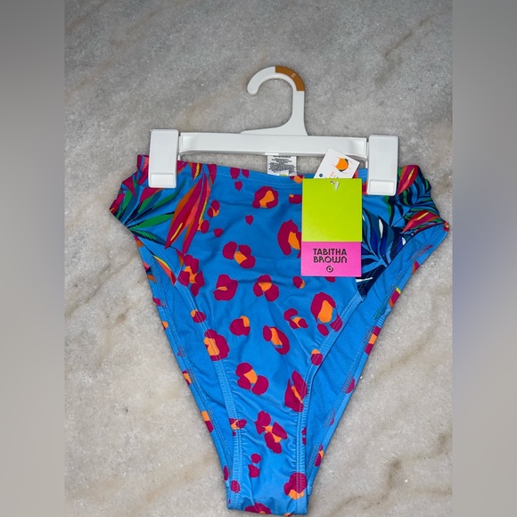 NWT Bright Blue Tropical/Leopard High Waist Bikini Bottom Swimwear - Picture 1 of 4